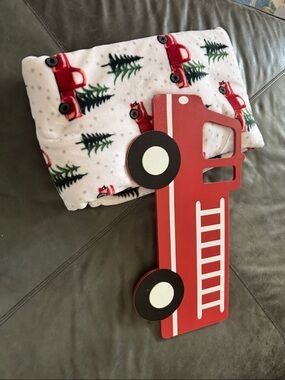 Cozy White Fleece Blanket with Red Truck & Green Trees and Fire Truck Room Decor